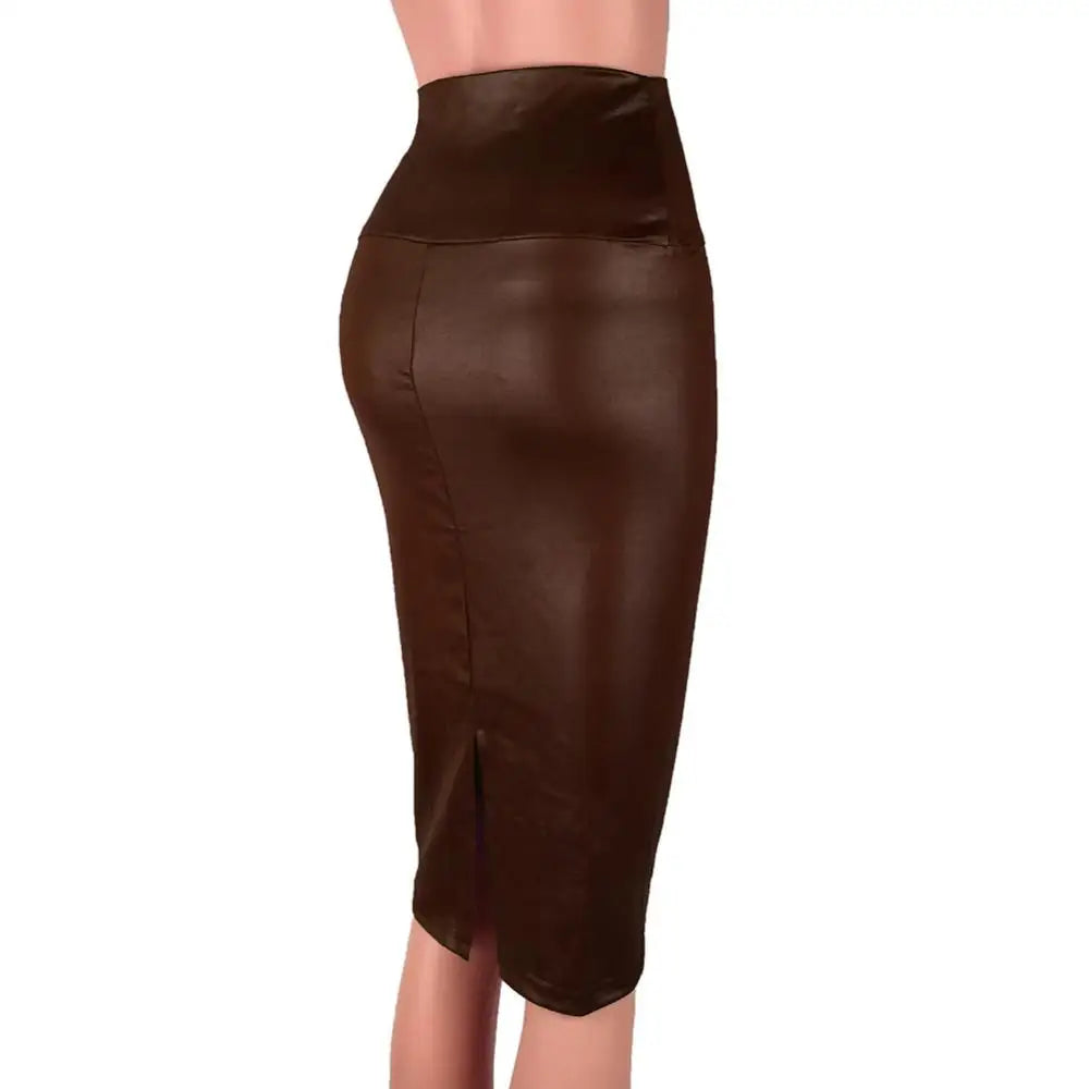 Elegant High-Waist Faux Leather Pencil Skirt – Knee-Length Bodycon with Side Split