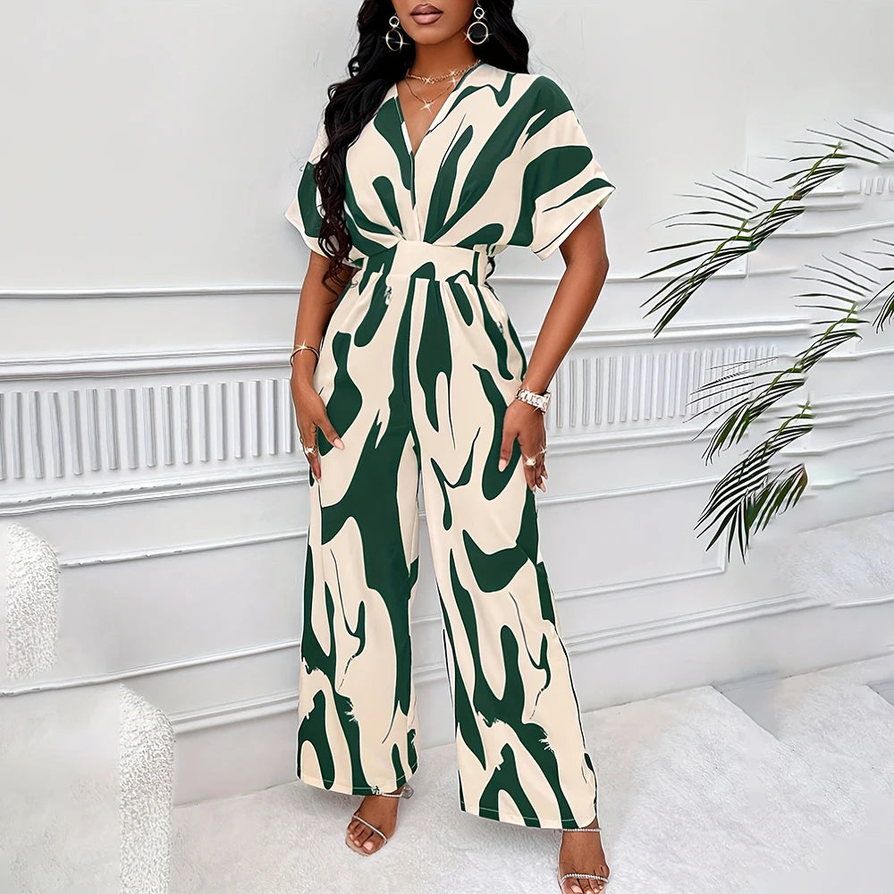 Summer Wide-Leg Jumpsuit – High Waist, Short Sleeve