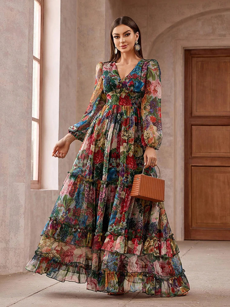 TOLEEN Boho Floral Frill Maxi Dress