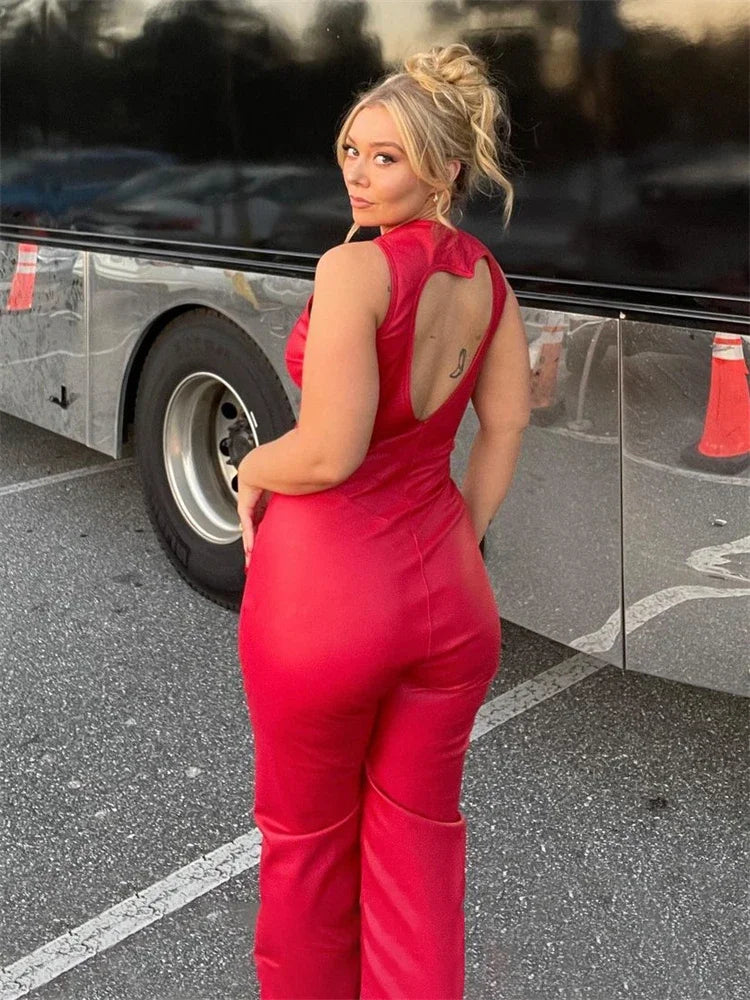 TARUXY Backless Heart Cutout Denim Bodycon Jumpsuit