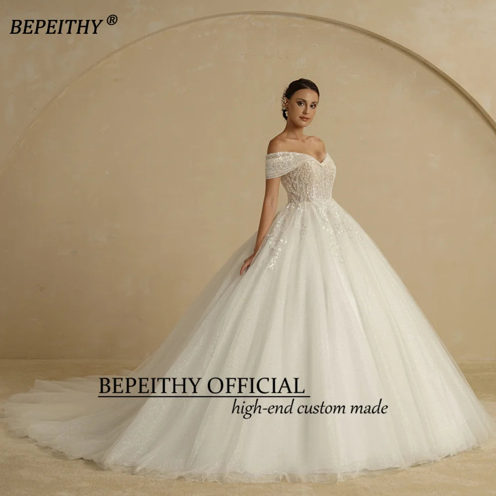 BEPEITHY Custom Beaded Princess Wedding Dress – Off Shoulder Glitter Ball Gown 2024