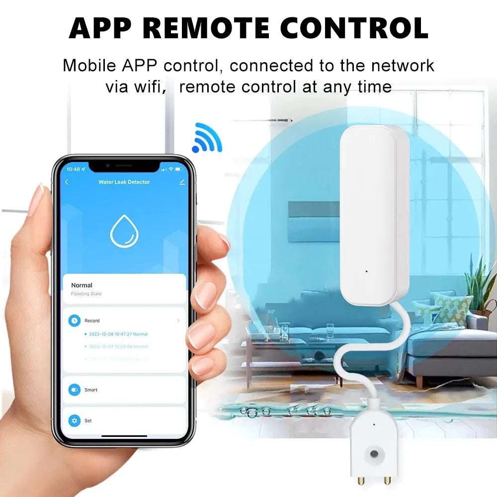 Smart WiFi Water Leak Detector – Tuya Flood Alarm with Overflow Alert, Water Level Monitoring, and Smart Home App Control