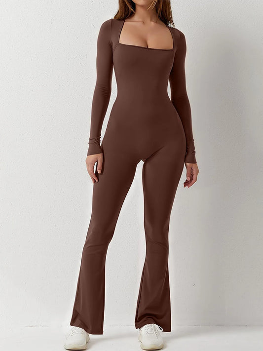 "Women's Slim Fit Long Sleeve Square Neck Jumpsuit - Autumn Romper"