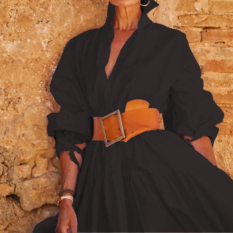 Women’s Lace-Up Lapel Midi Dress