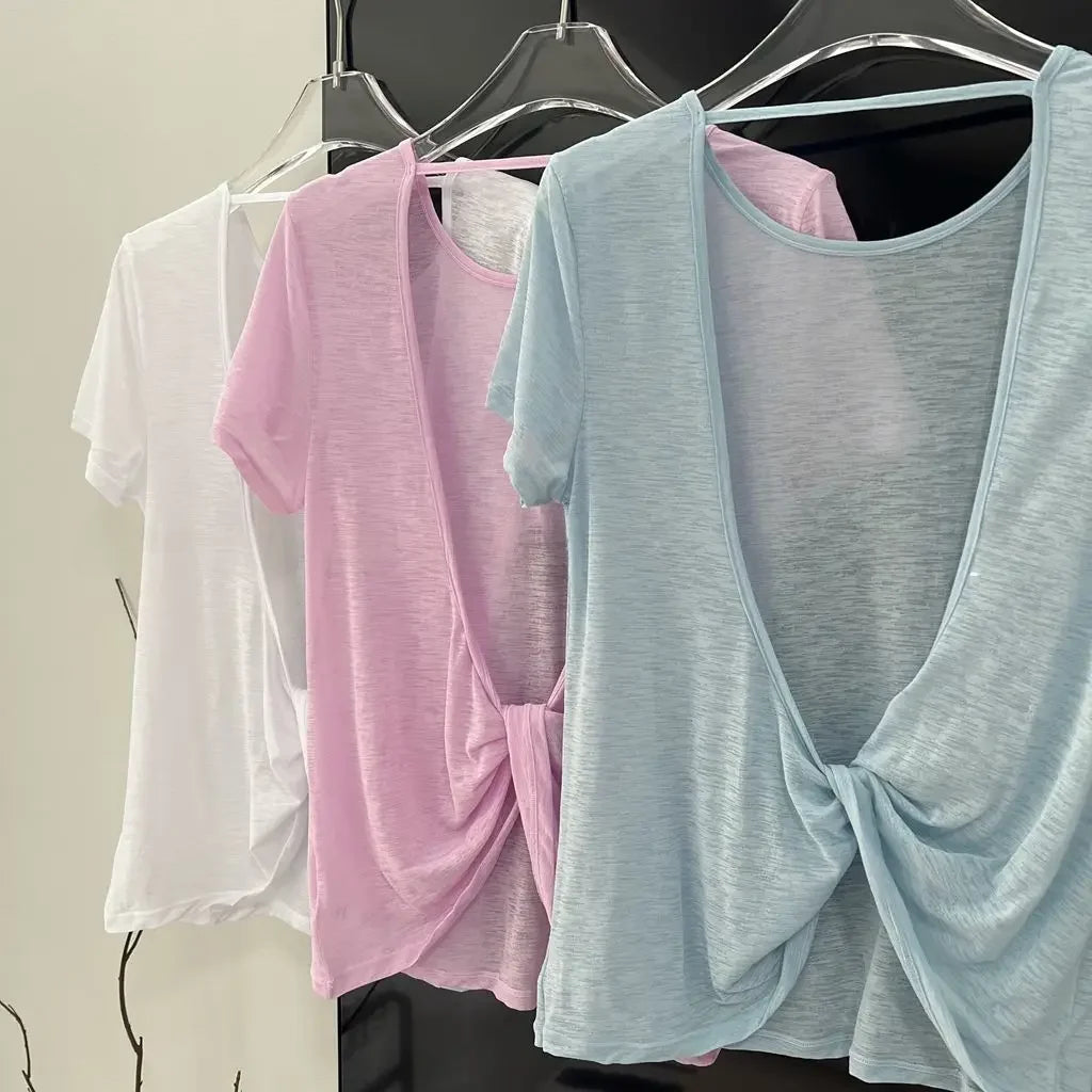 Breathable Hollow Out Viewable Bamboo Silk Yoga Top Sun Protection Thin Open-back Sports T-shirt Crew Neck Fitness Wear