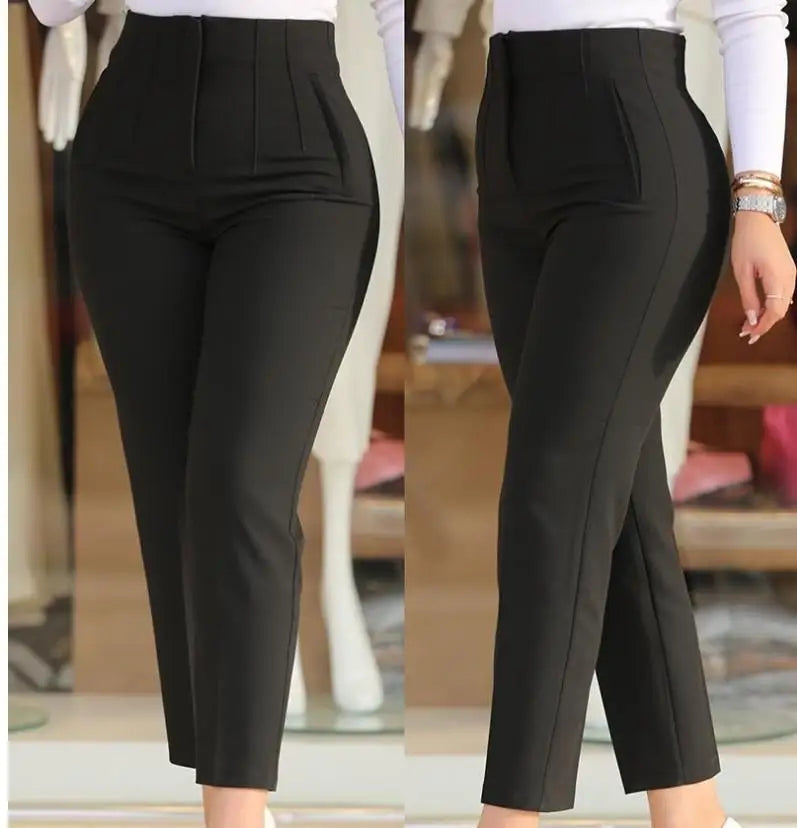 Elegant High-Waist Cropped Slim Office Pants