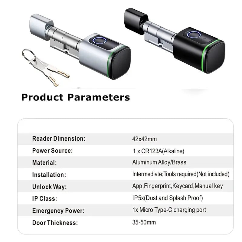 Smart Cylinder Lock with Tuya Bluetooth | Fingerprint & 13.56MHz IC Card | Includes CR123A Battery | Easy Installation | Replace S1