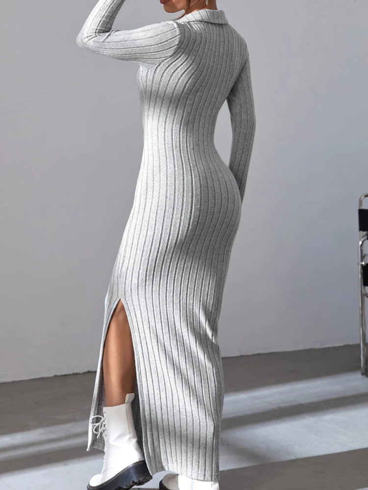 Sexy Knit V-Neck Split Dress – Elastic Full Sleeve Body Sweater for Autumn Winter