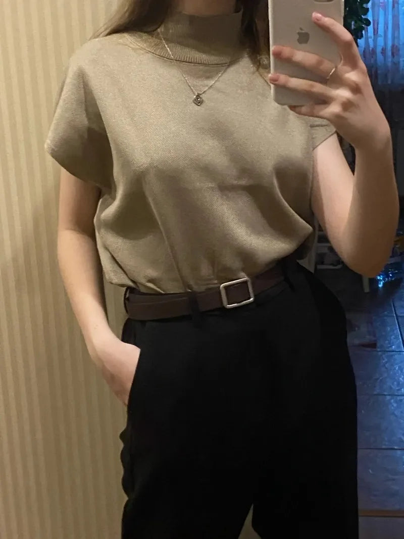 Elegant Stand-Up Collar Knitted Blouse – Women's Short-Sleeve Loose Fit Summer Top for Office & Casual Wear