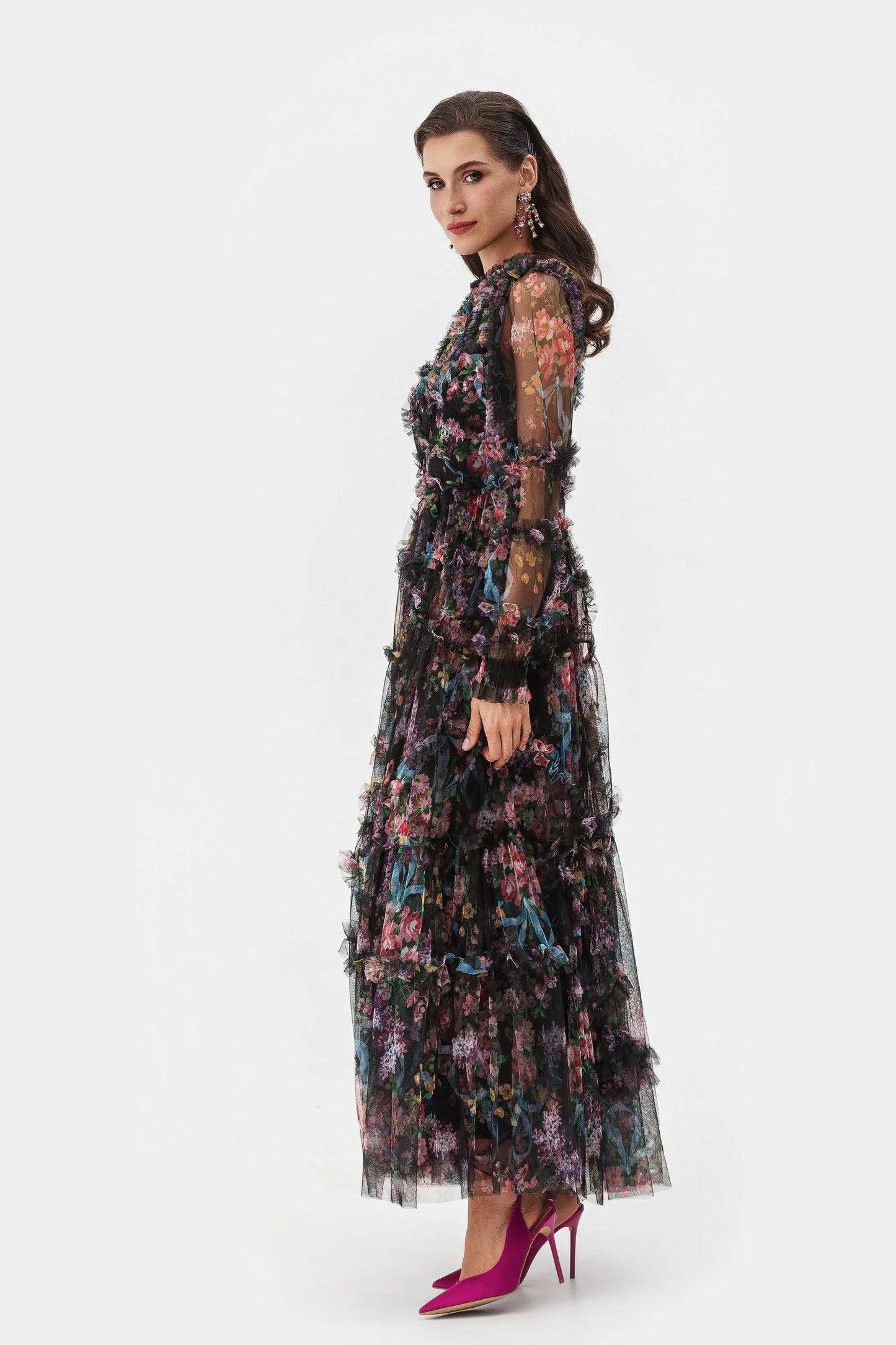 Elegant Lace Ruffle Mesh Gown