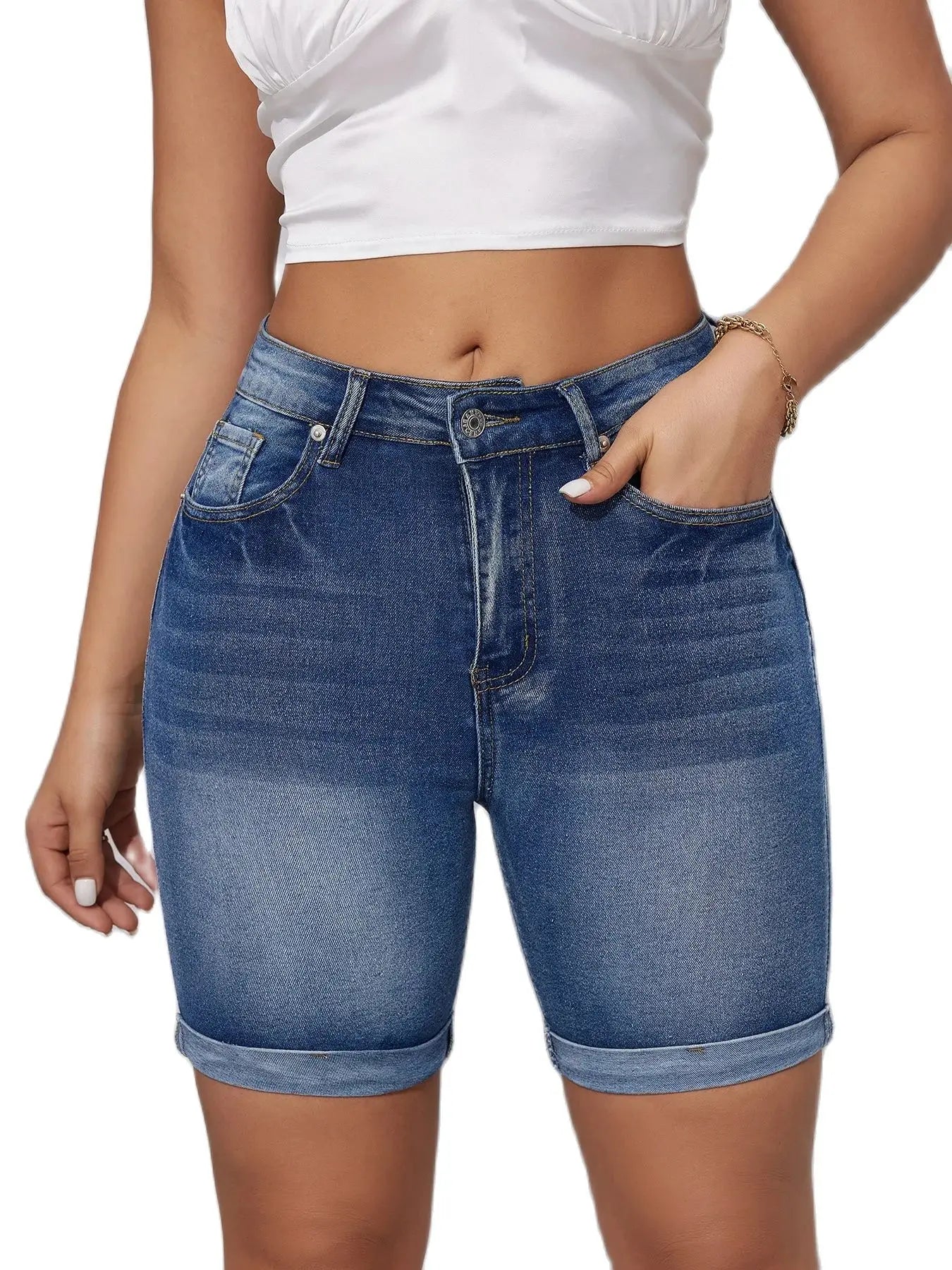 High-Waist Ripped Denim Shorts – Stretch Skinny Fit