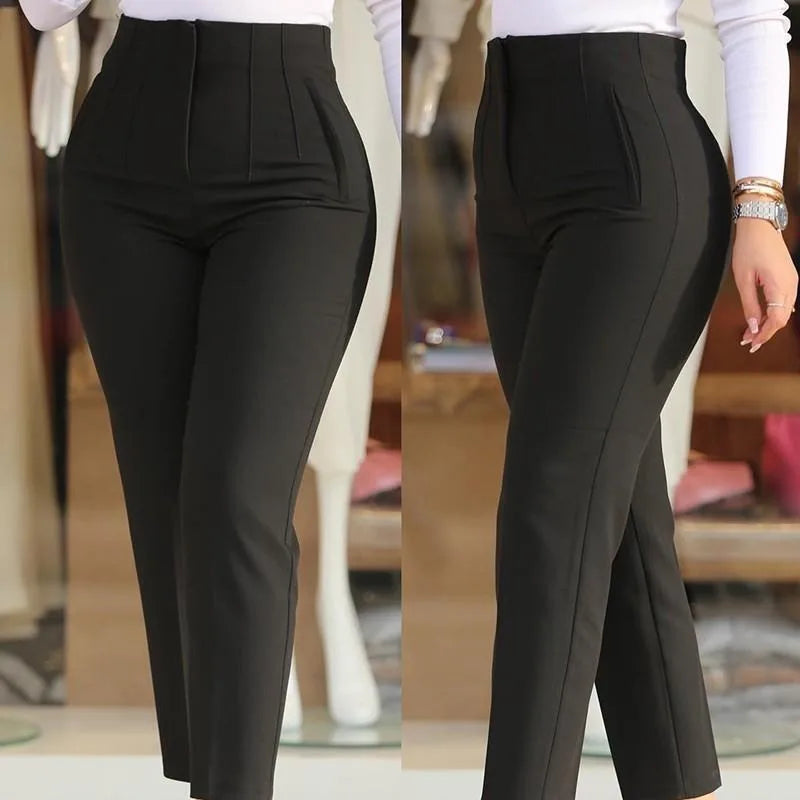 Elegant High-Waist Cropped Slim Office Pants