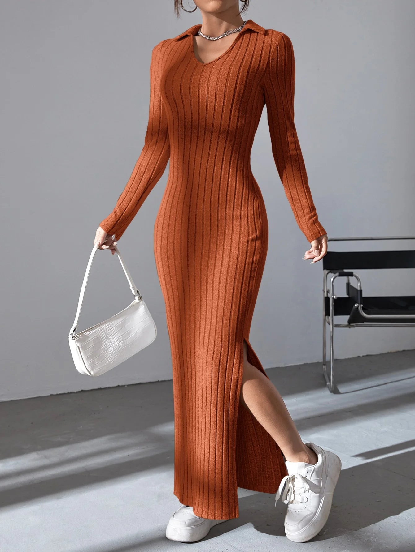 Sexy Knit V-Neck Split Dress – Elastic Full Sleeve Body Sweater for Autumn Winter