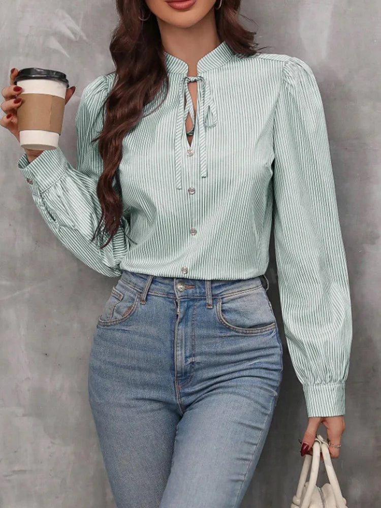 Elegant V-Neck Button-Down Shirt – Women's Long-Sleeve Striped Blouse for Office & Work Wear