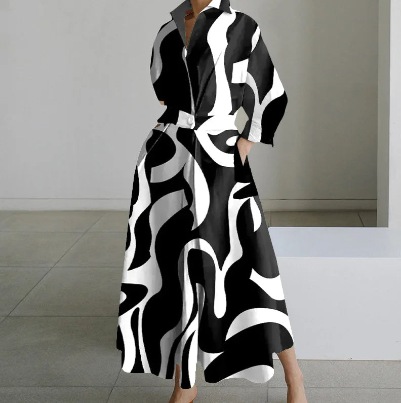 Autumn Long Sleeve Dot Print Maxi Dress – Elegant V-Neck Shirt Party Dress for Women