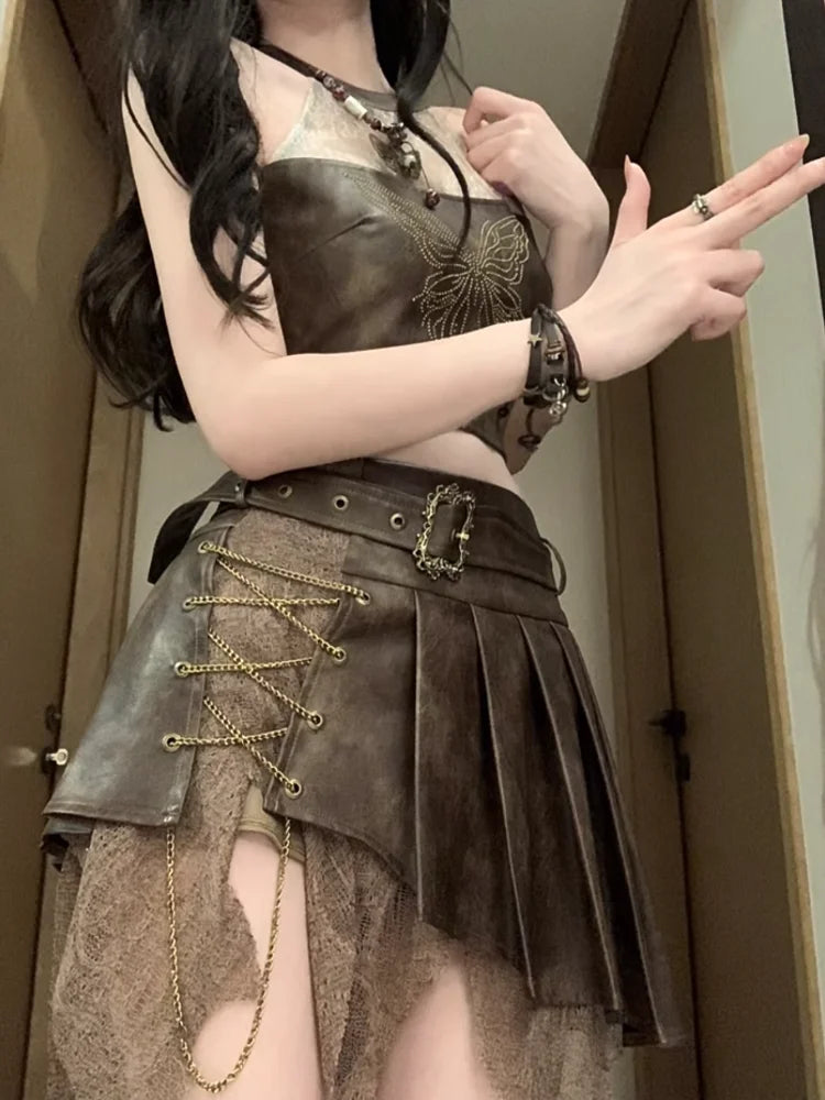 Cool Design Sleeveless Top with High Waist Irregular Lace Retro Set