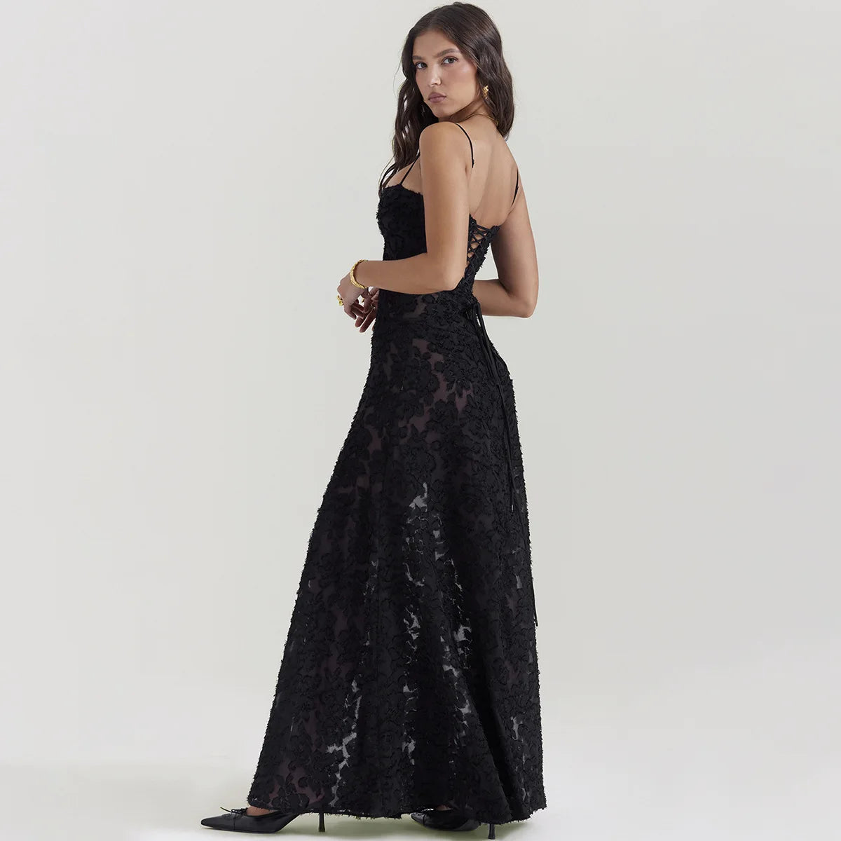 Oligai Elegant Embroidered Black Maxi Dress