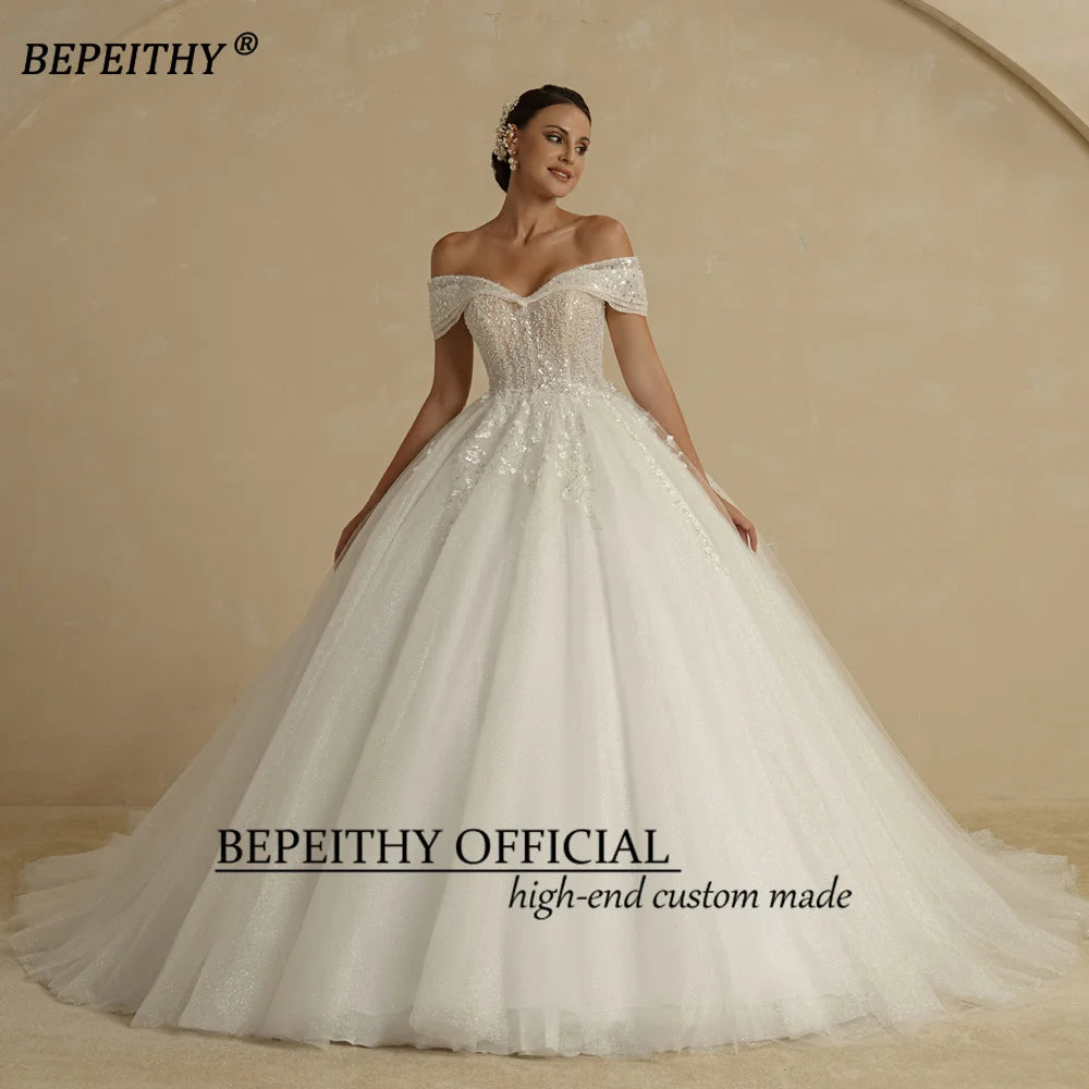 BEPEITHY Custom Beaded Princess Wedding Dress – Off Shoulder Glitter Ball Gown 2024