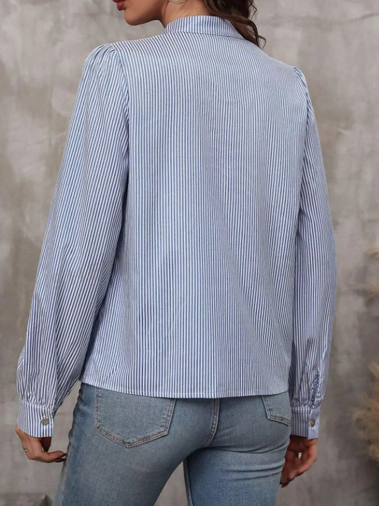 Elegant V-Neck Button-Down Shirt – Women's Long-Sleeve Striped Blouse for Office & Work Wear