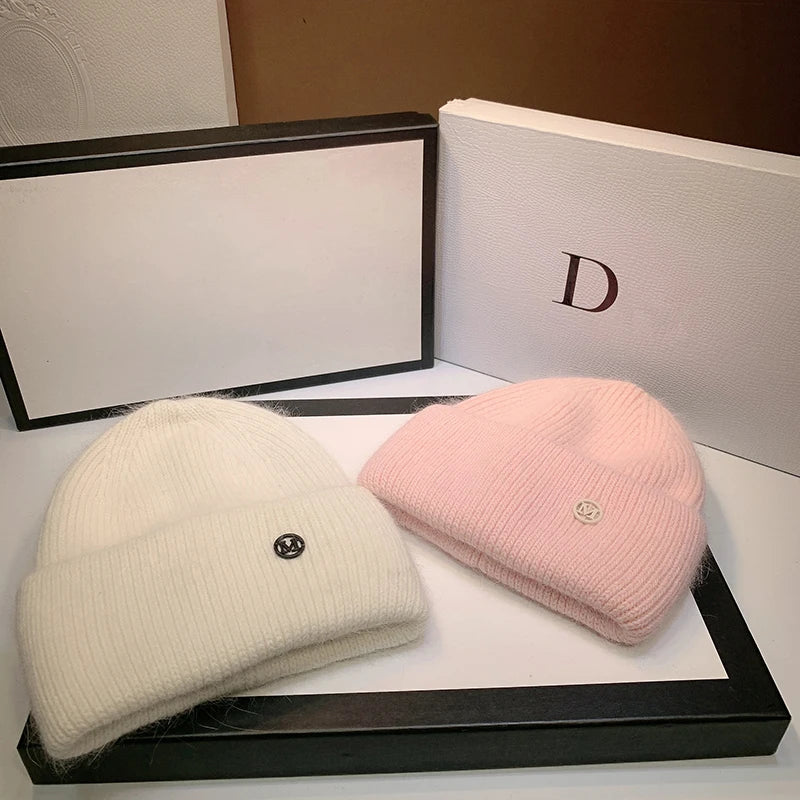 Luxurious Rabbit Fur Beanie - Cozy Black & White Knit Winter Hat