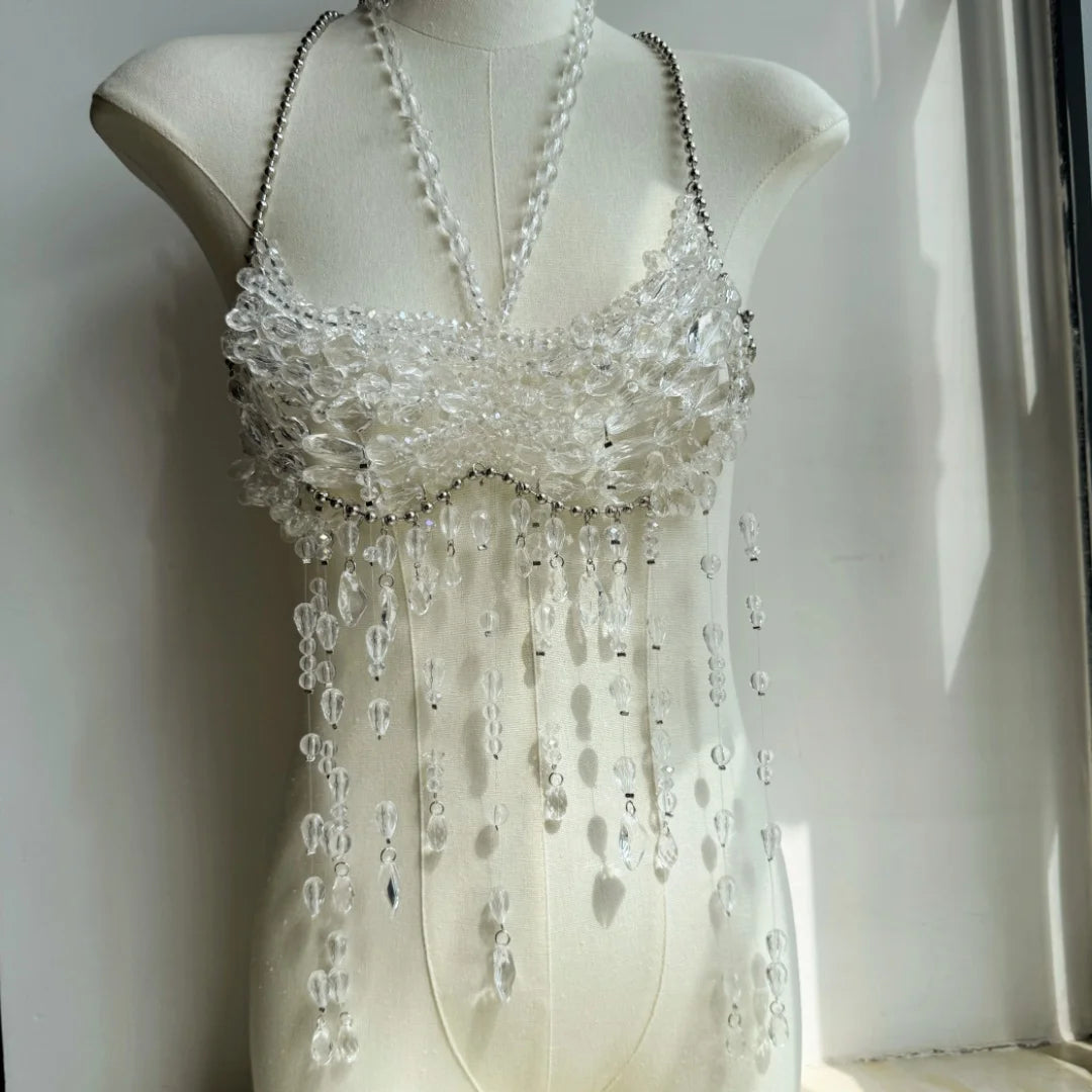 Exaggerated Pearl Beaded Body Chain – Women's Hollow-Out Bustier Camisole for Club & Rave Fashion