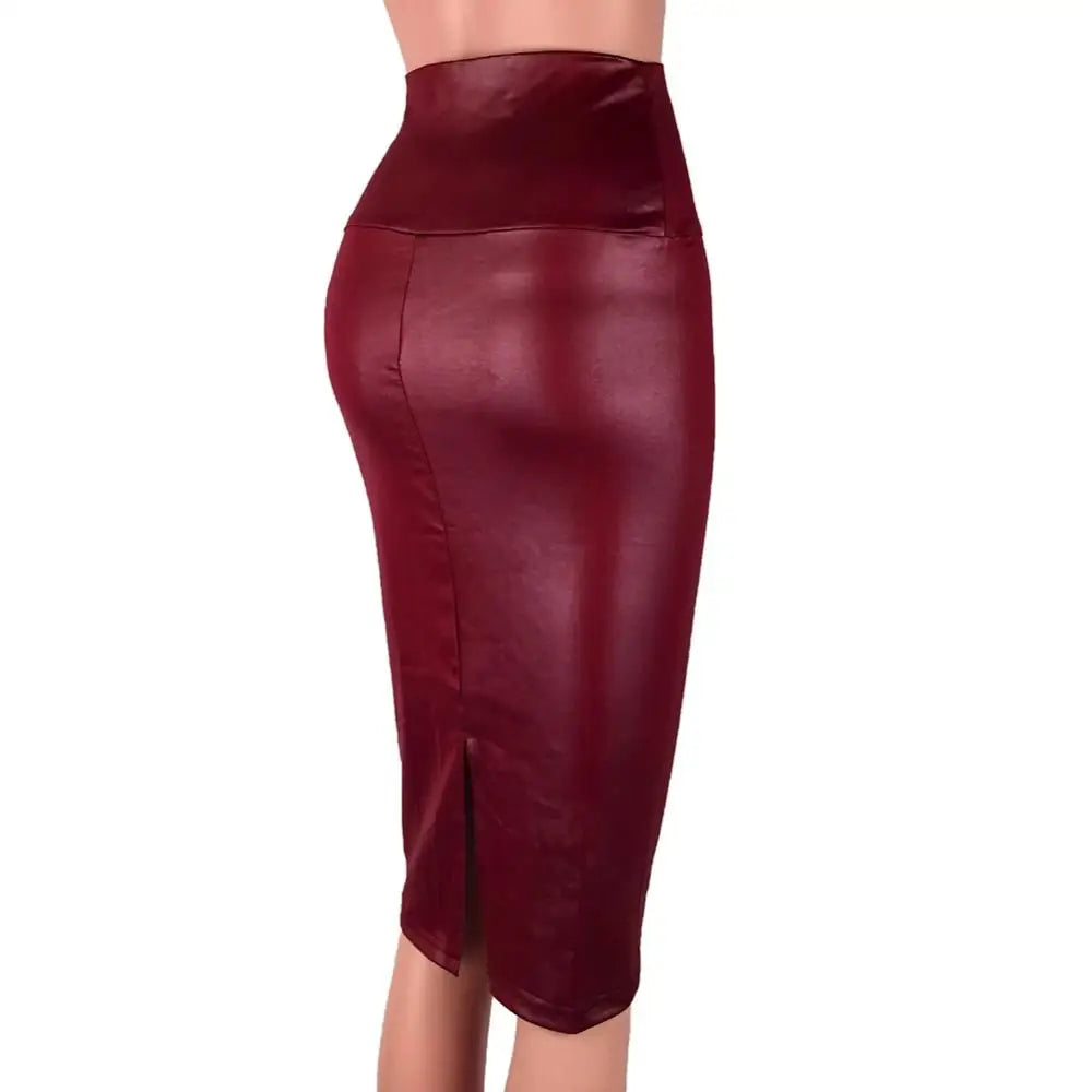 Elegant High-Waist Faux Leather Pencil Skirt – Knee-Length Bodycon with Side Split