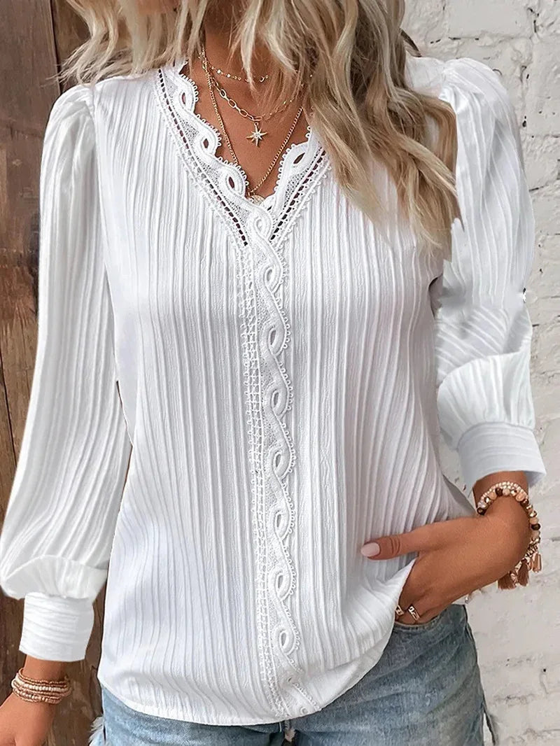 Elegant V-Neck Lace Patchwork Blouse – Women's Long-Sleeve Chic Shirt for Summer & Casual Wear