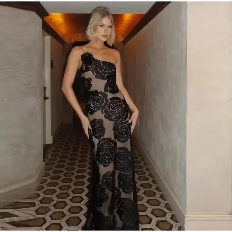 Mingmingxi One-Shoulder Black Mesh Maxi Dress