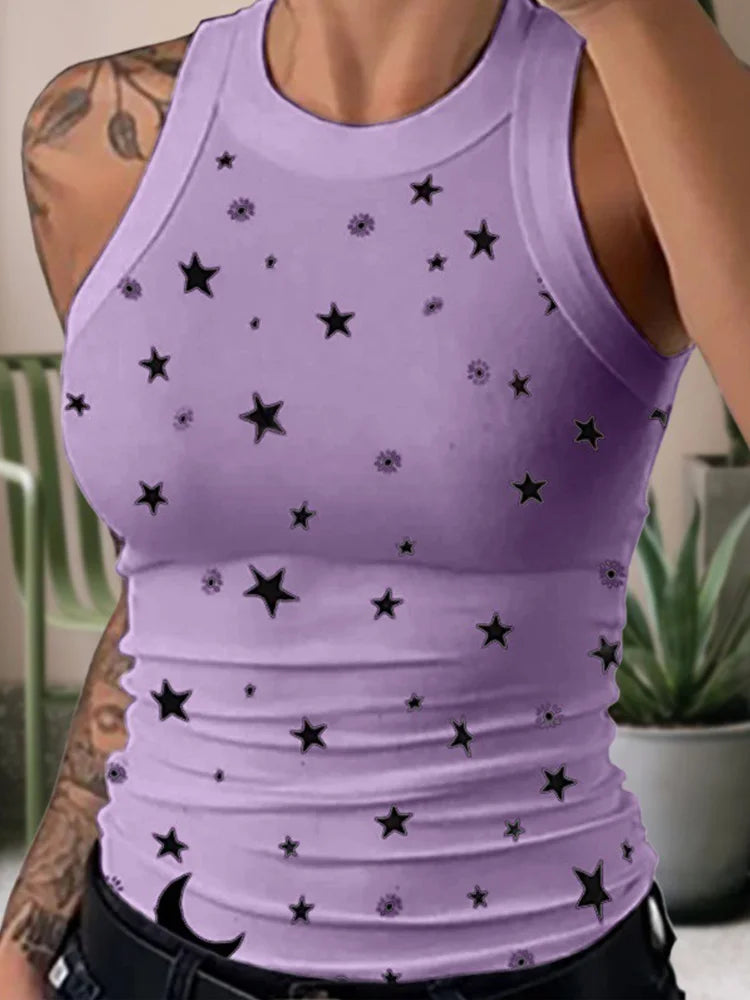 Women's Star Print Sleeveless Tank Top – Casual Summer Crew Neck Vest