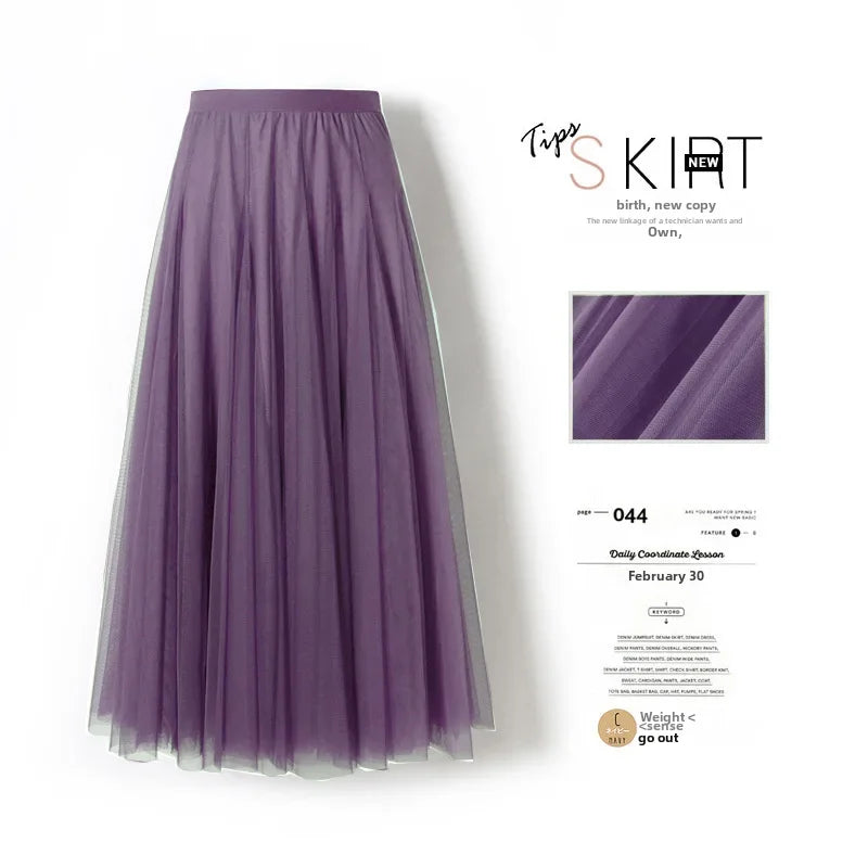 Elegant High-Waisted Pleated Mesh Skirt – Women's Chic A-Line Long Dance Skirt