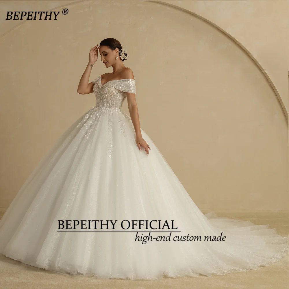 BEPEITHY Custom Beaded Princess Wedding Dress – Off Shoulder Glitter Ball Gown 2024