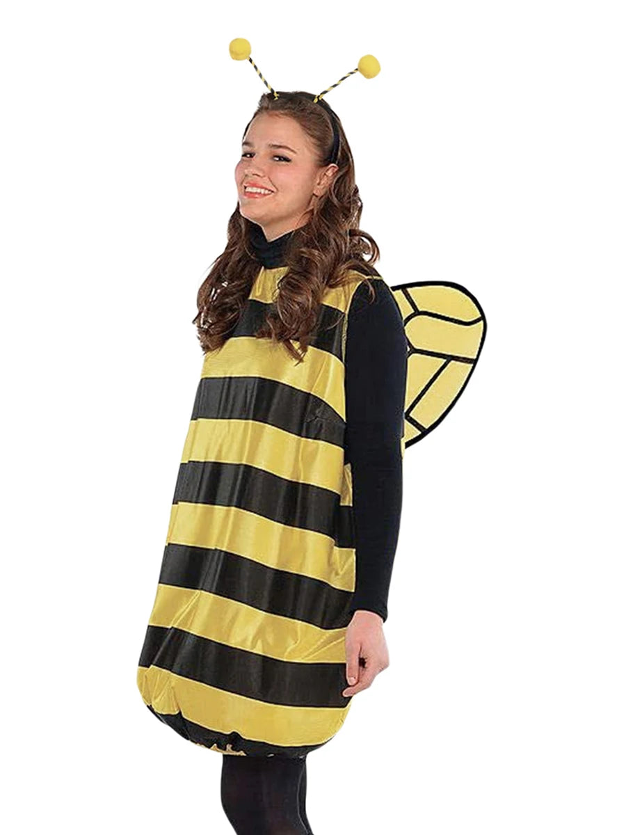 Women Halloween Cosplay Costume Set Bee Dress with Wings Headband Leg Sleeveless Role-playing Accessories