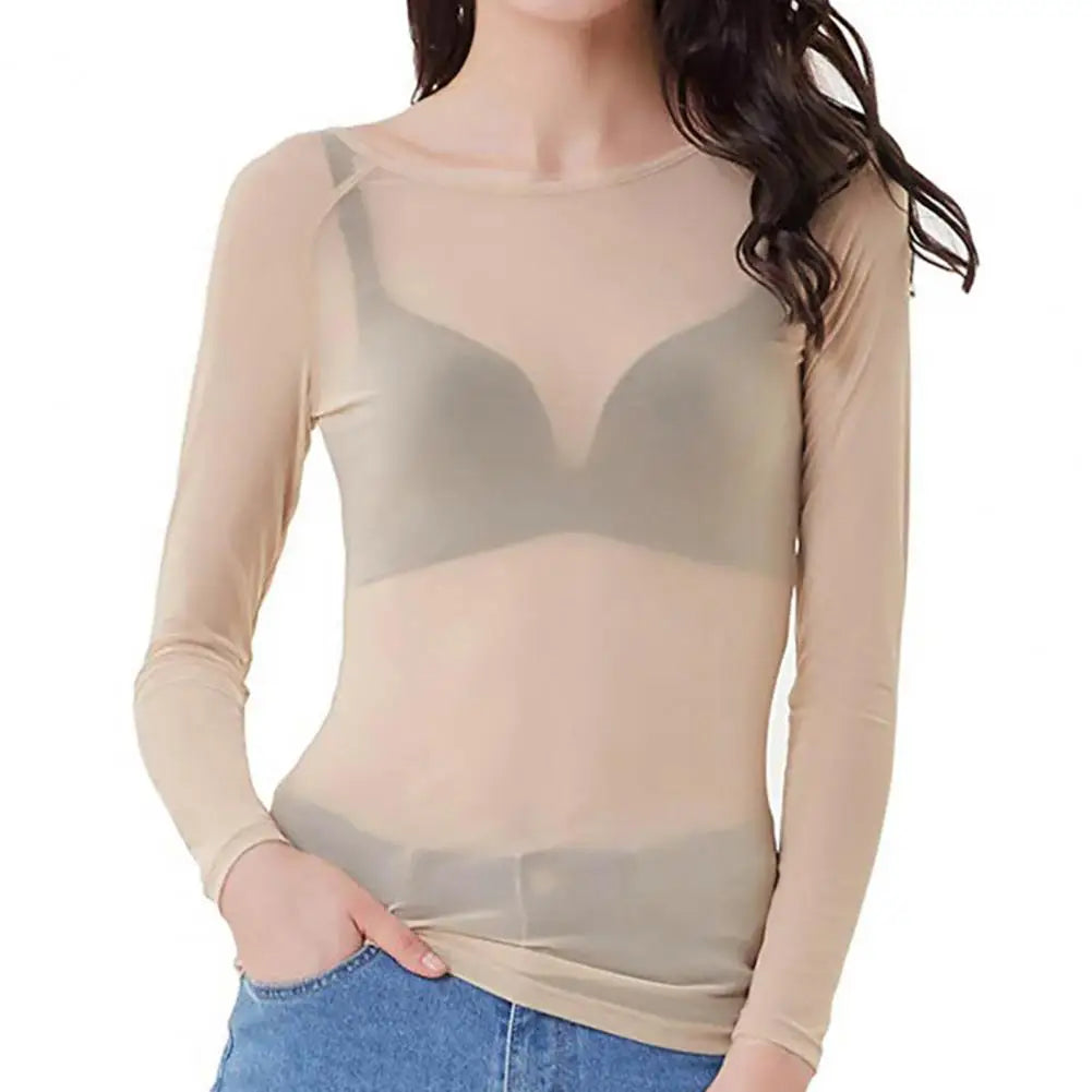Women's Sheer Mesh Long Sleeve Top – Solid Color Punk Club Shirt