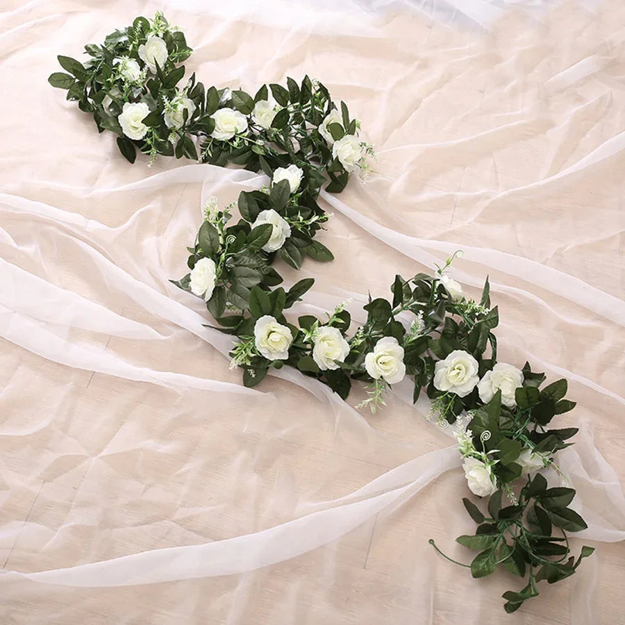 Artificial Rose Garland Vine – Silk Hanging Flowers with Leaves for Wedding, Wall & Home Decoration