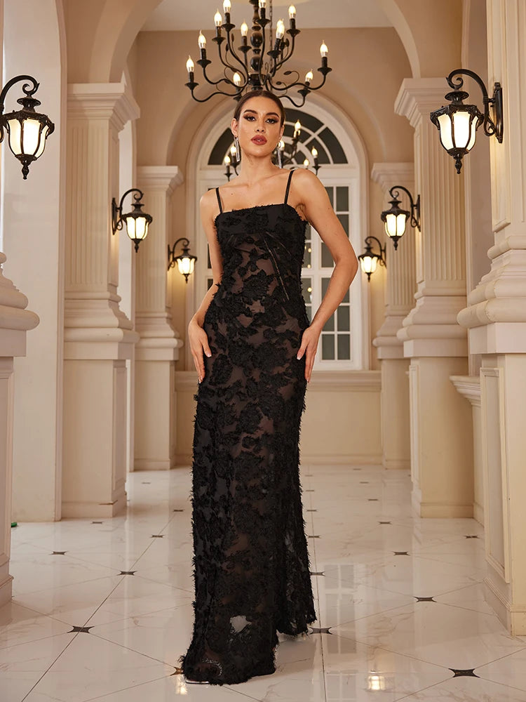 Mingmingxi Elegant Black Applique Maxi Dress