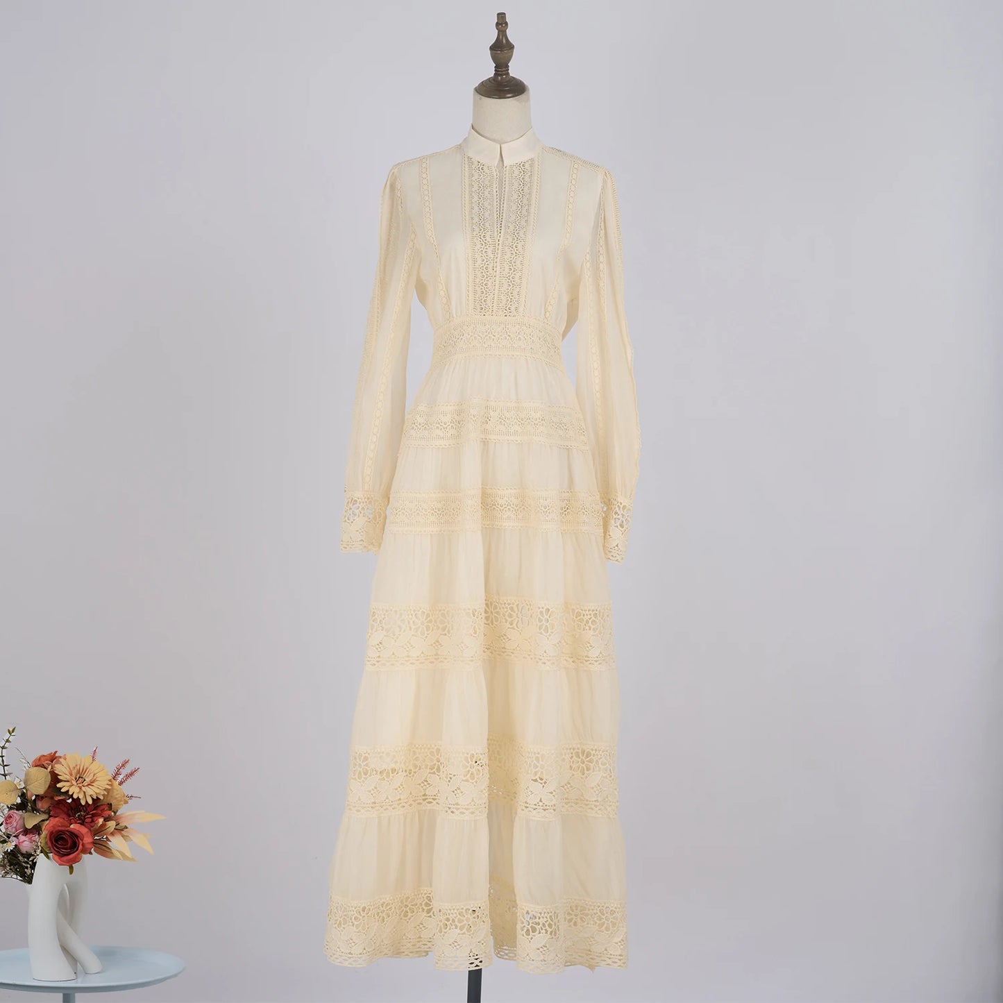 Lace Embroidered Cotton Maxi Dress – Long Sleeve Modest Wedding & Evening Gown for Women