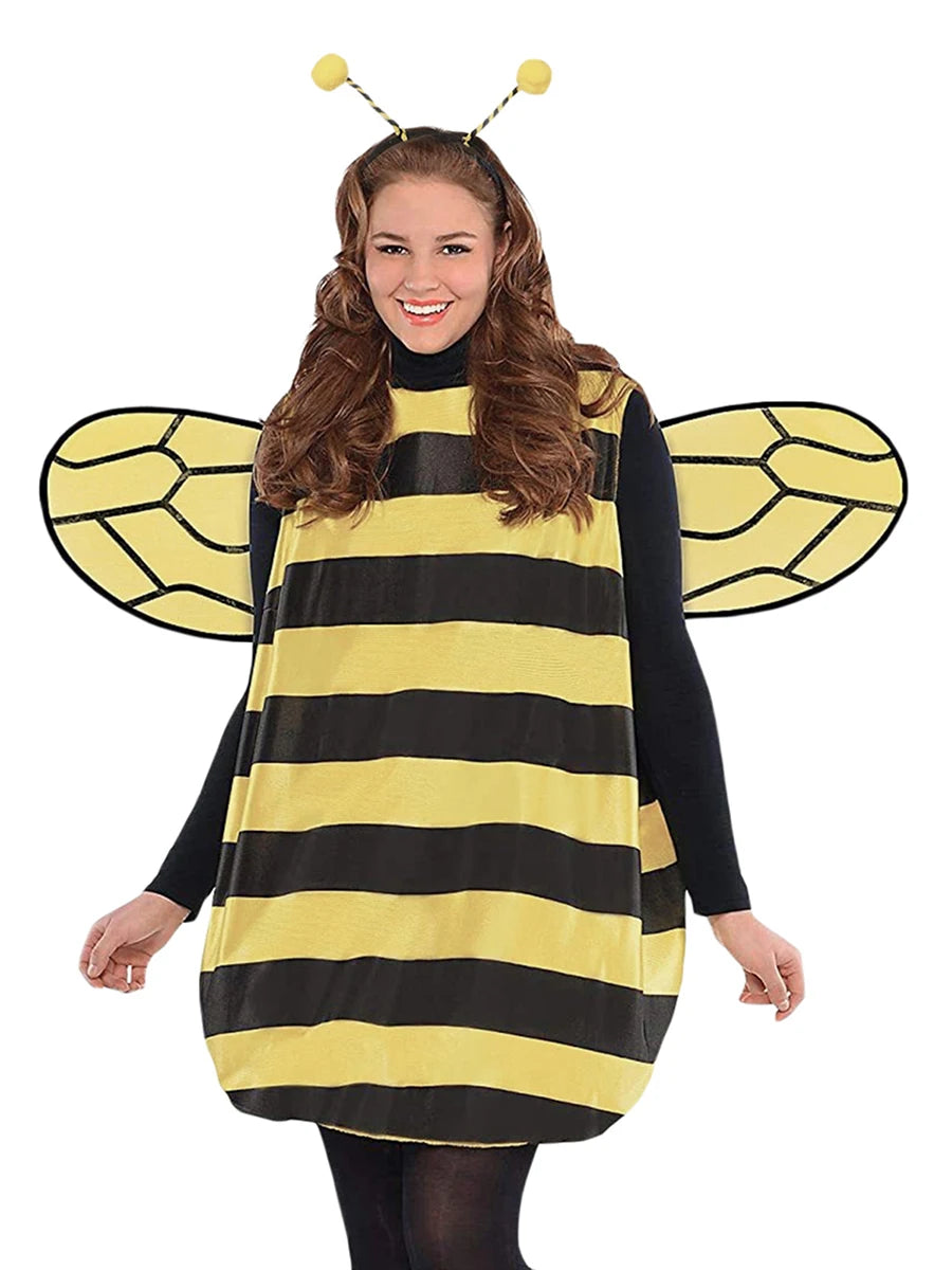 Women Halloween Cosplay Costume Set Bee Dress with Wings Headband Leg Sleeveless Role-playing Accessories