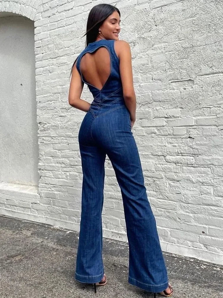 TARUXY Backless Heart Cutout Denim Bodycon Jumpsuit