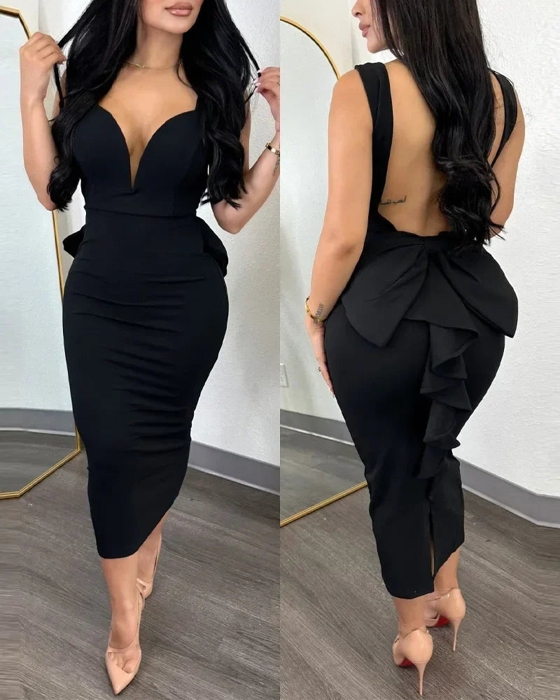 Sexy Plunging V-Neck Party Dress – Sleeveless Backless Ruffle Bodycon Midi Dress for Women