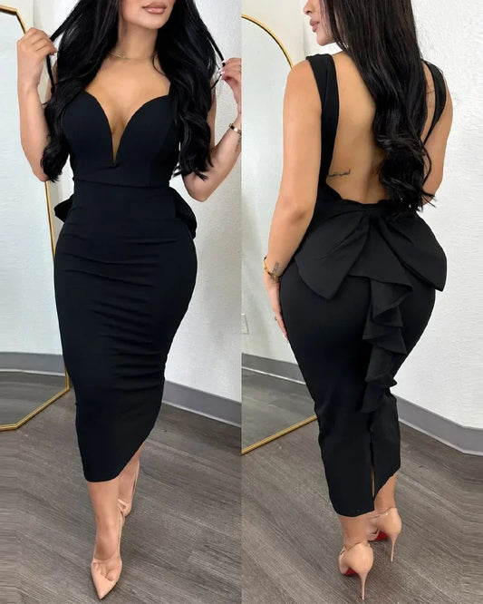 Sexy Plunging V-Neck Party Dress – Sleeveless Backless Ruffle Bodycon Midi Dress for Women