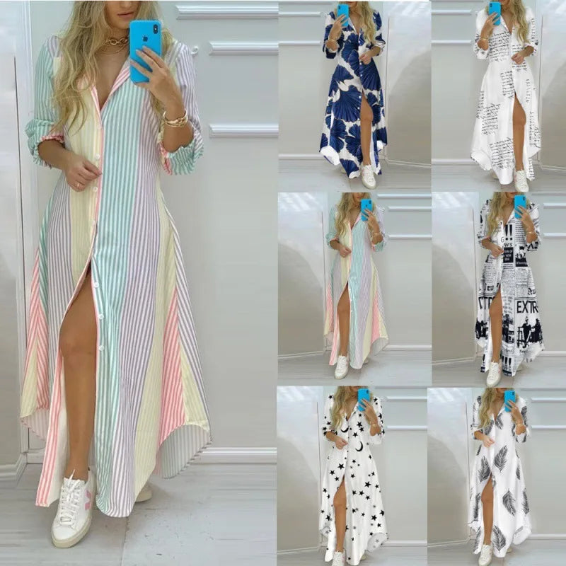 Boho Printed Long Shirt Dress – Turn-Down Collar Long Sleeve Maxi Dress for Women