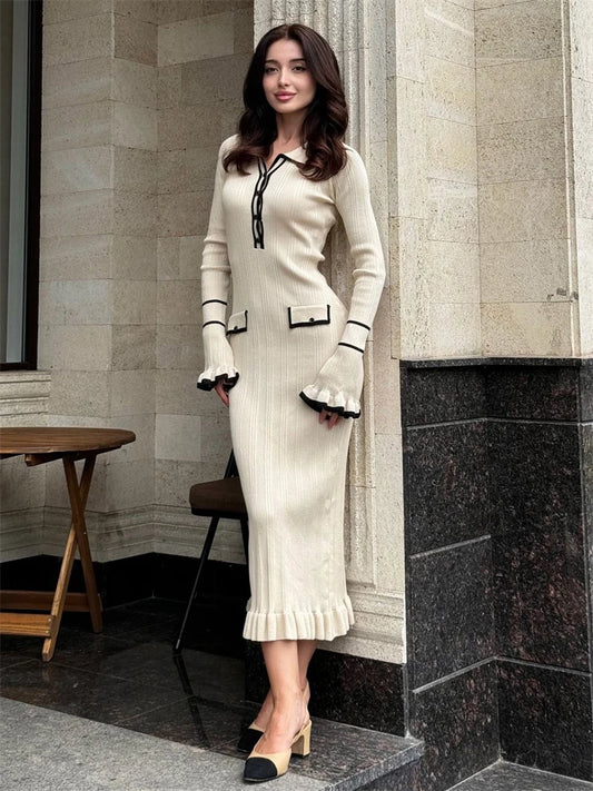 Tossy Ruffled Knit Dress – Autumn Ribbed Long Sleeve High Waist Maxi Dress for Women