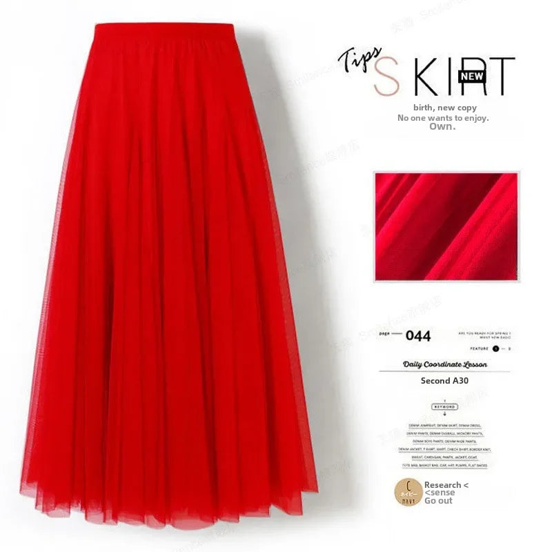 Elegant High-Waisted Pleated Mesh Skirt – Women's Chic A-Line Long Dance Skirt