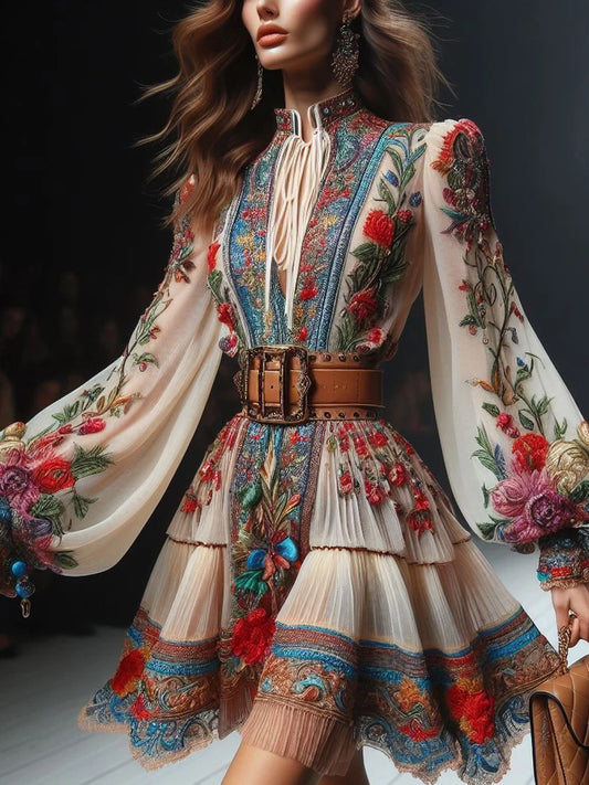 Boho Floral Lace-Up Chiffon Mini Dress