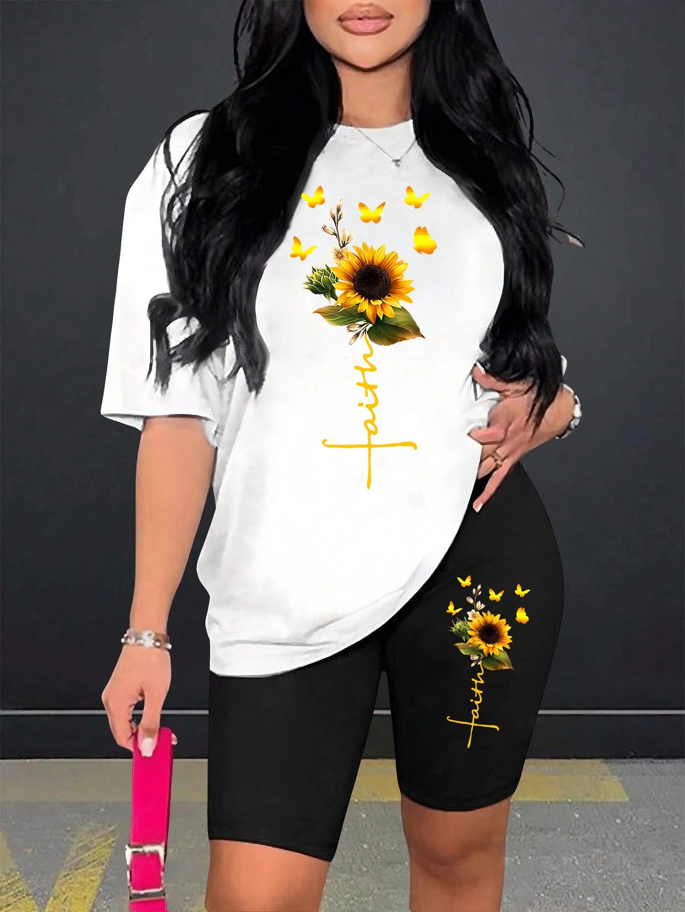 Sunflower Butterfly Two-Piece Set – Printed Tee & Shorts