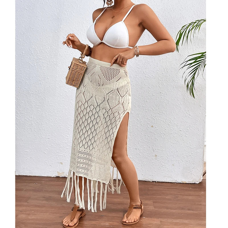 Women’s Knitted Tassel Sarong Skirt - High Slit Bikini Cover-Up