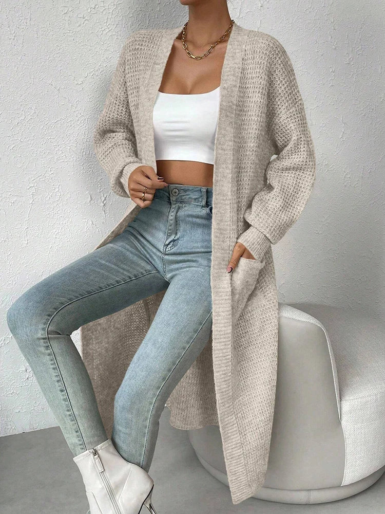 Elegant V-Neck Knitted Cardigan – Women's Mid-Length Hollow-Out Sweater