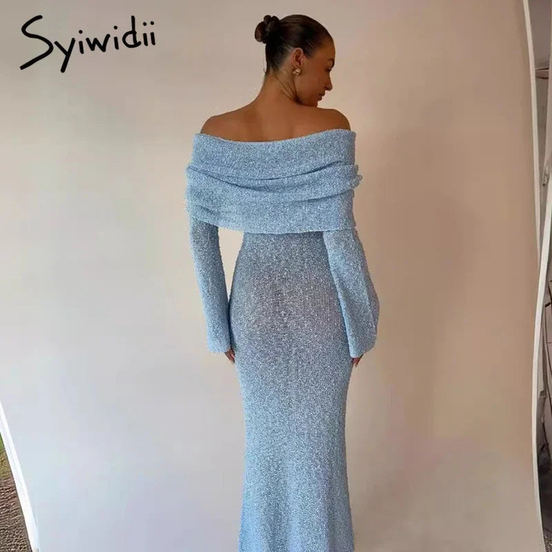 Syiwidii Elegant Off-Shoulder Knit Dress – Long Sleeve Sexy See-Through Evening Dress for Women
