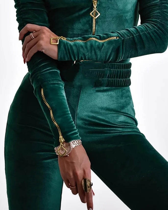 Elegant Velvet Ruched Jumpsuit – Zipper & Waistbelt Design