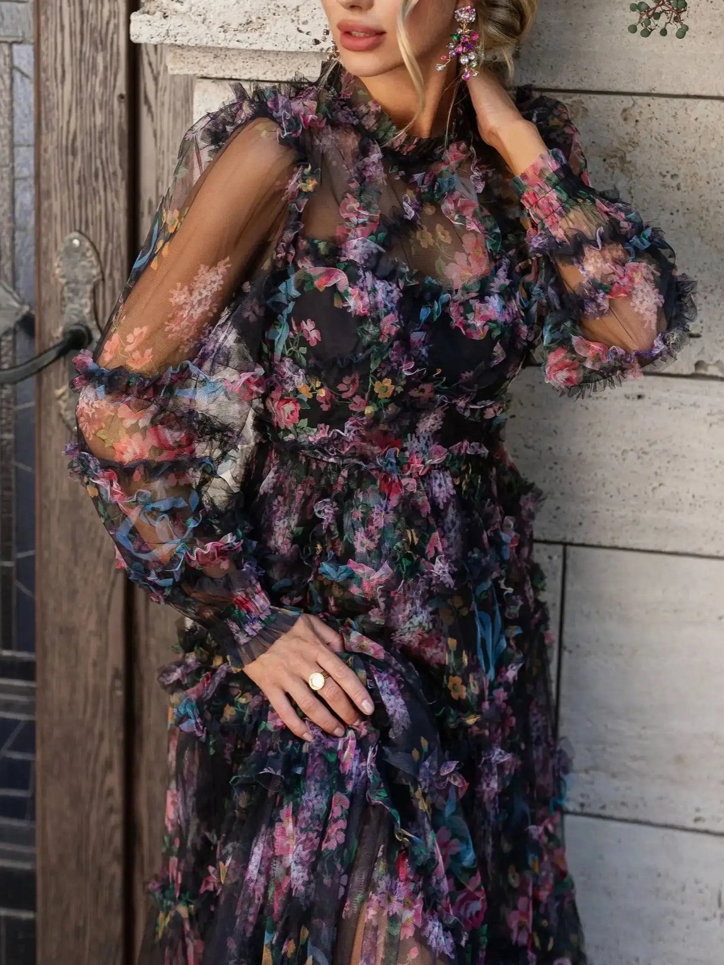 Elegant Lace Ruffle Mesh Gown